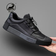 Men's Leather Sneakers with Striped Lace-Up Design, Rubber Sole, Breathable Fabric Inner