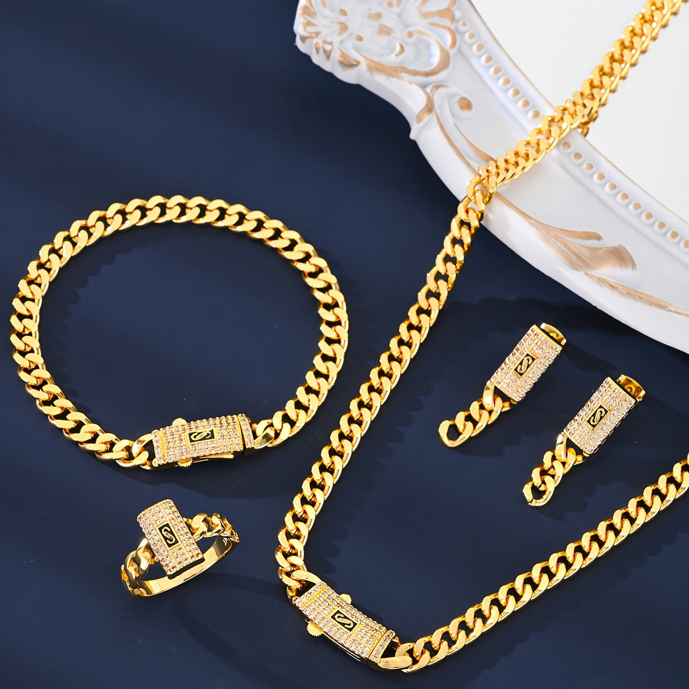 Set of 5 Zirconia Jewelry Pieces for Women Earrings Necklace Ring Bracelet Wedding Party Gift