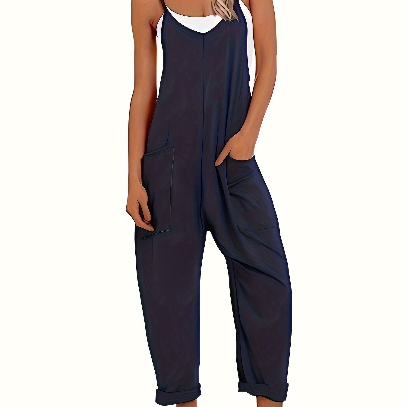 Mono de talla grande para mujer con tirantes finos, casual, de color sólido, verano