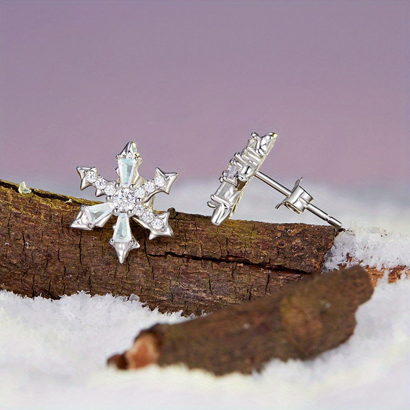 Sterling Silver Snowflake Stud Earrings with Synthetic Zirconia for Women