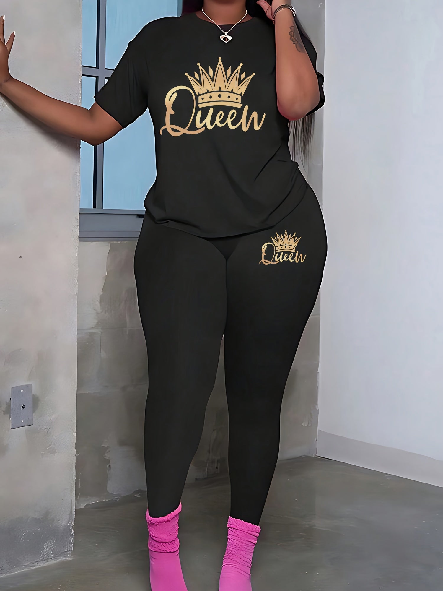 Women's Sports Short Sleeve Suit Crown Print 2pcs Set Elastic Casual