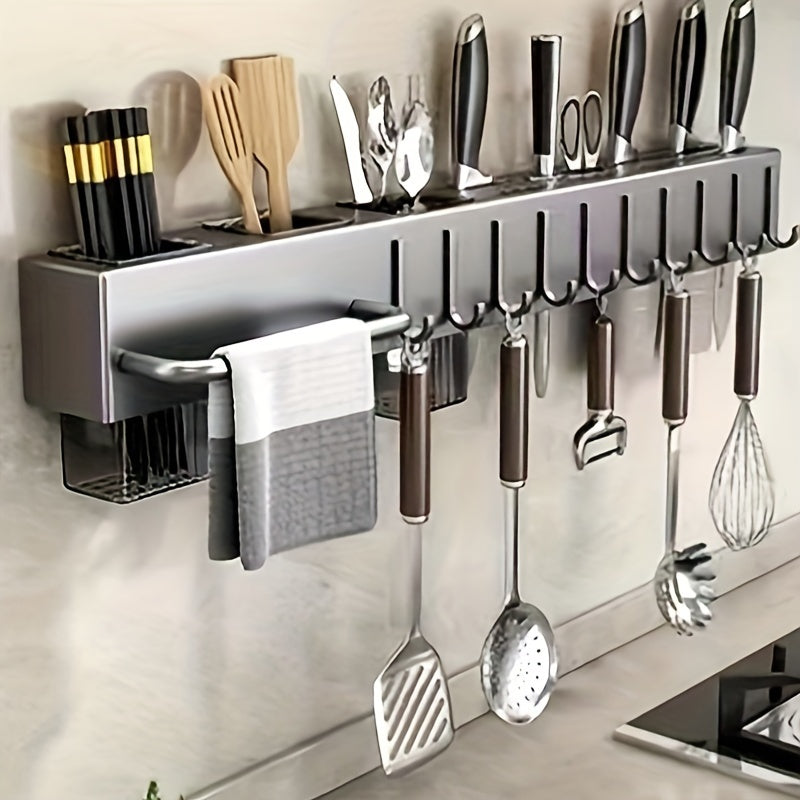Carbon Steel Wall-Mounted Utensil Holder with Towel Bar and Drain Basket