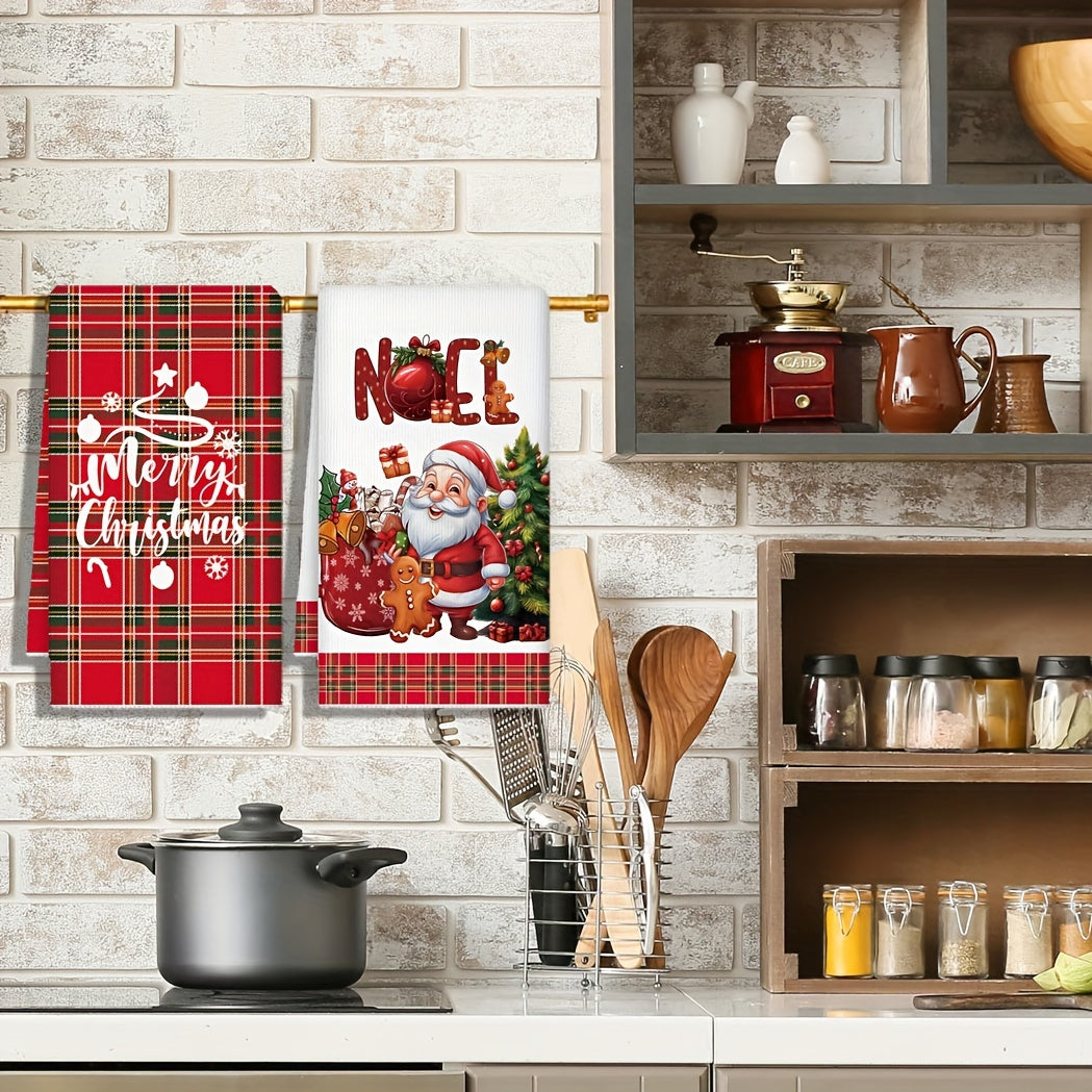 Set of 2 Christmas Kitchen Towels Microfiber Santa Gingerbread Red Plaid 70cm