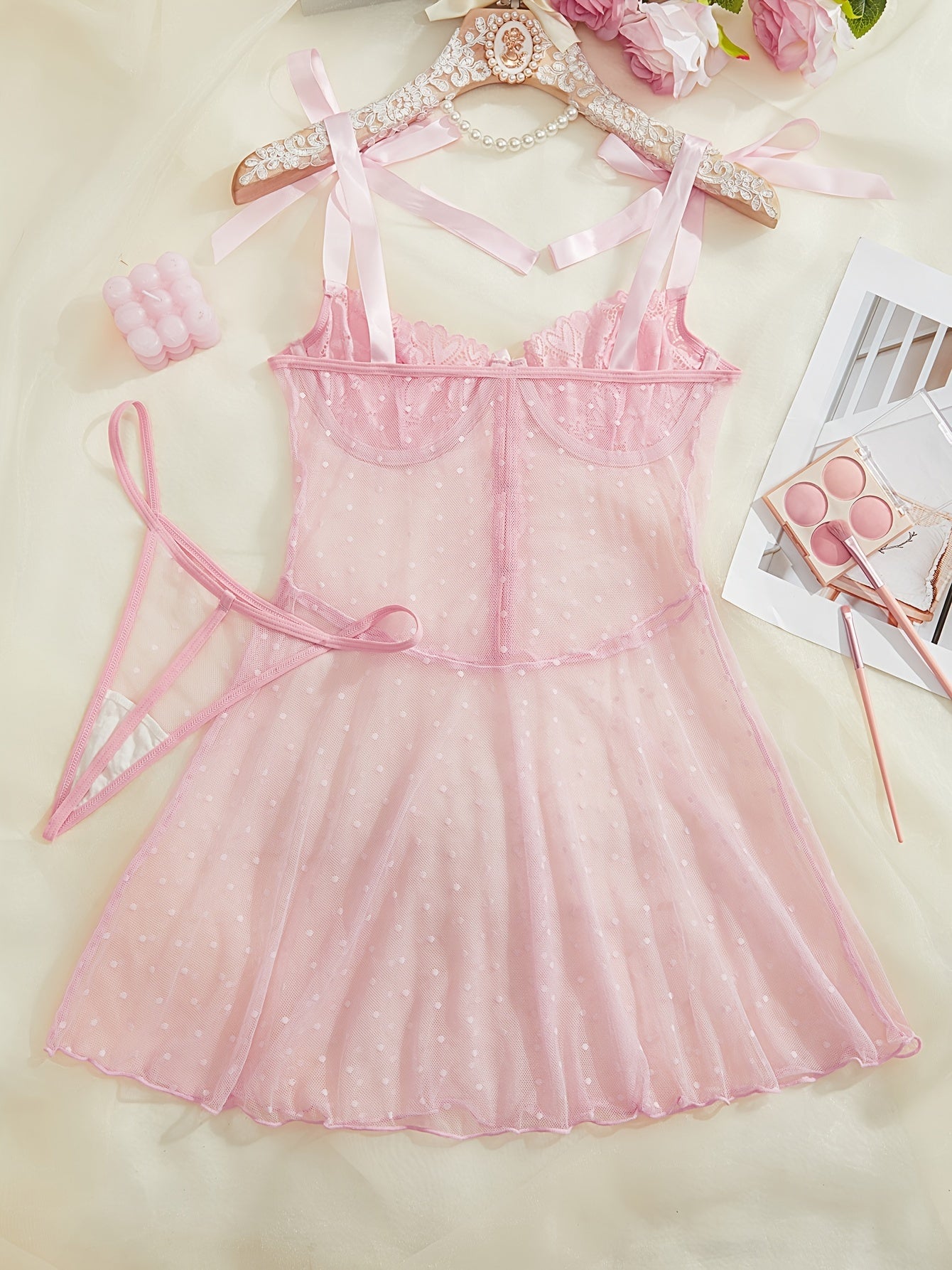 Women's Sheer Polka Dot Lace Lingerie Set with Nightgown and Ribbon Details