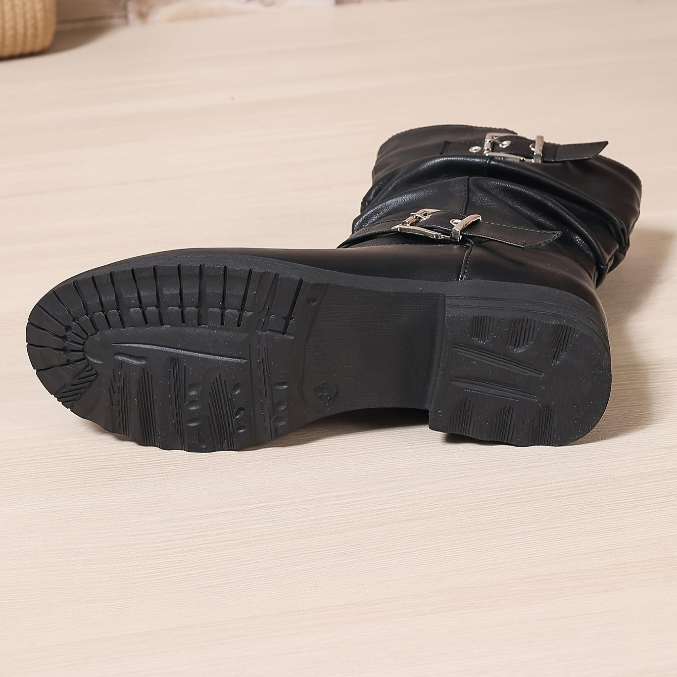 Women's Faux Leather Chunky Mid-Calf Boots with Side Zipper and Buckle Straps