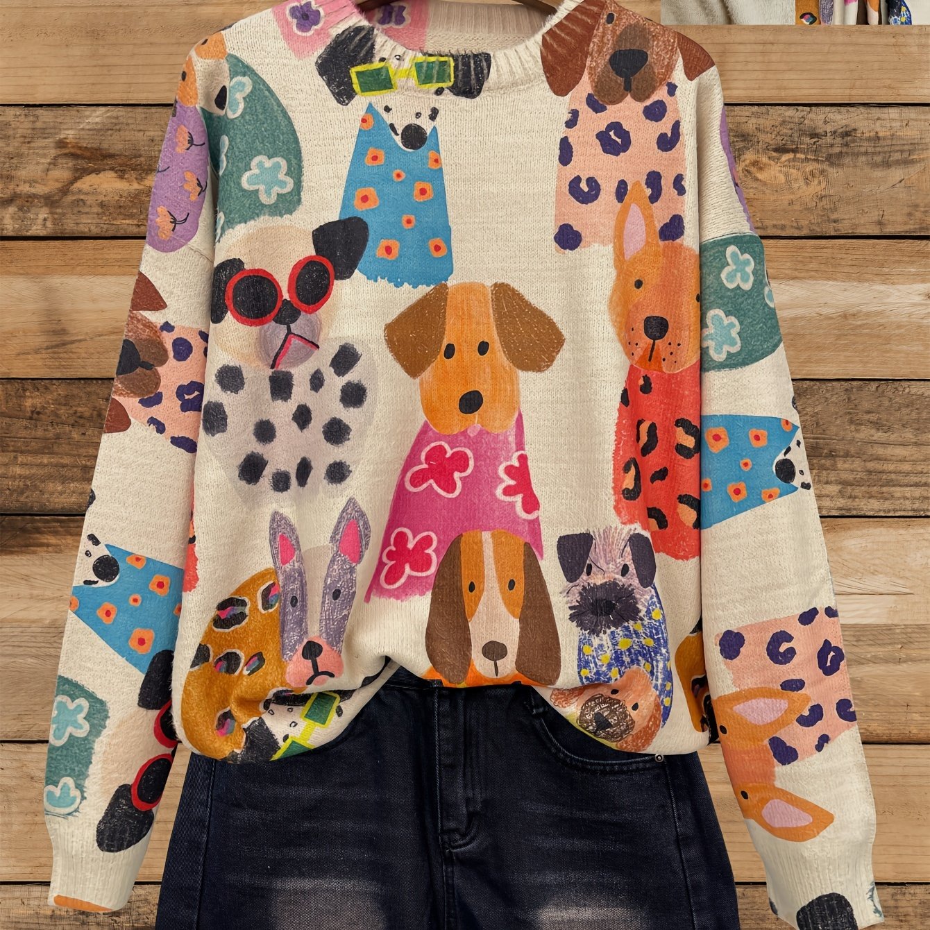 Women's Plus Size Dog Print Sweater Cozy Long Sleeve Crewneck Brown White