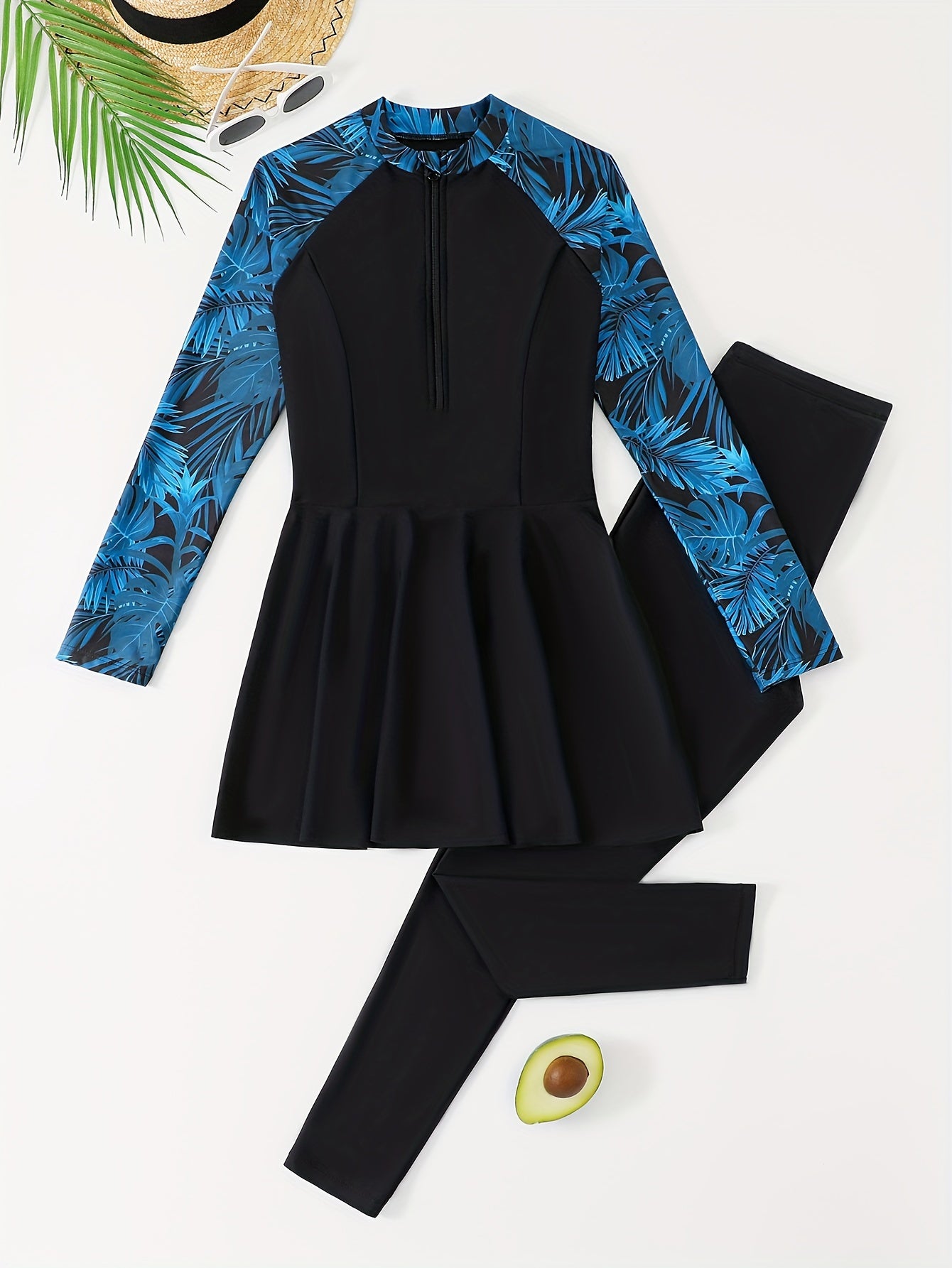 Women's Long Sleeve Printed High Waist Swimsuit Set Sun-Protective Slimming Swimwear