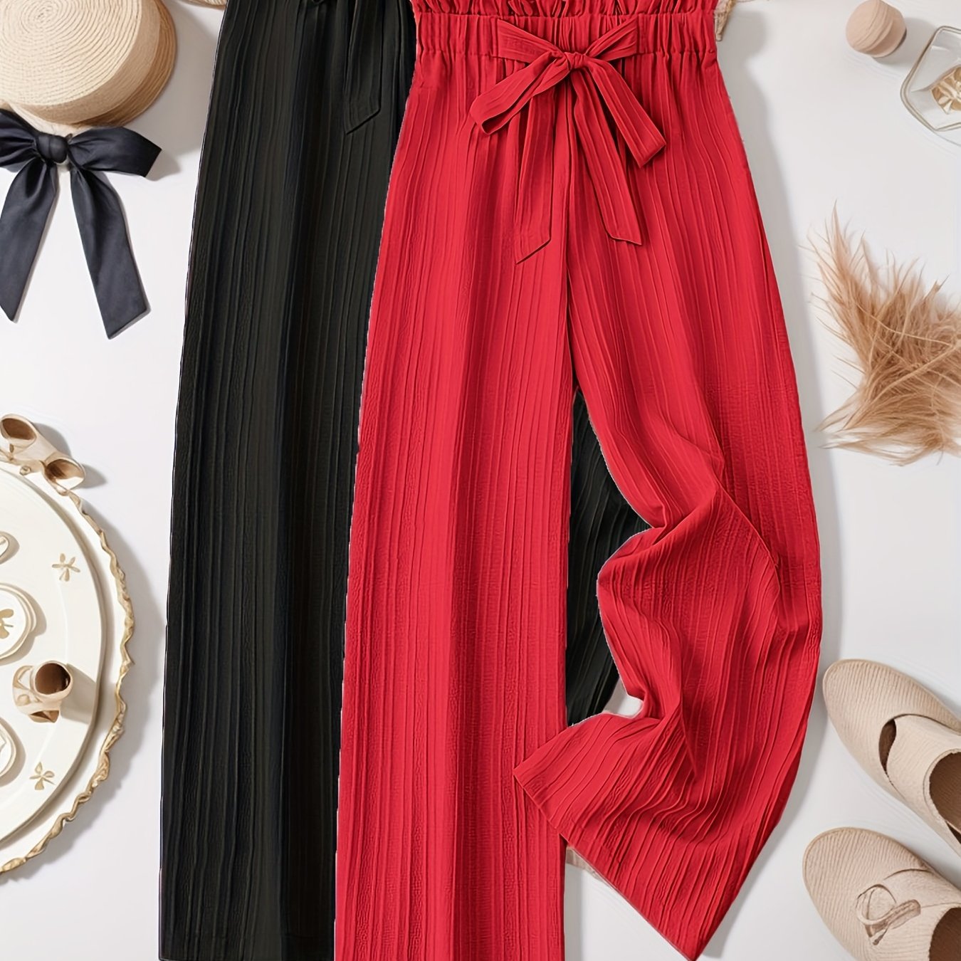 Women's Plus Size Striped Pleated Textured Long Pants Two Pack