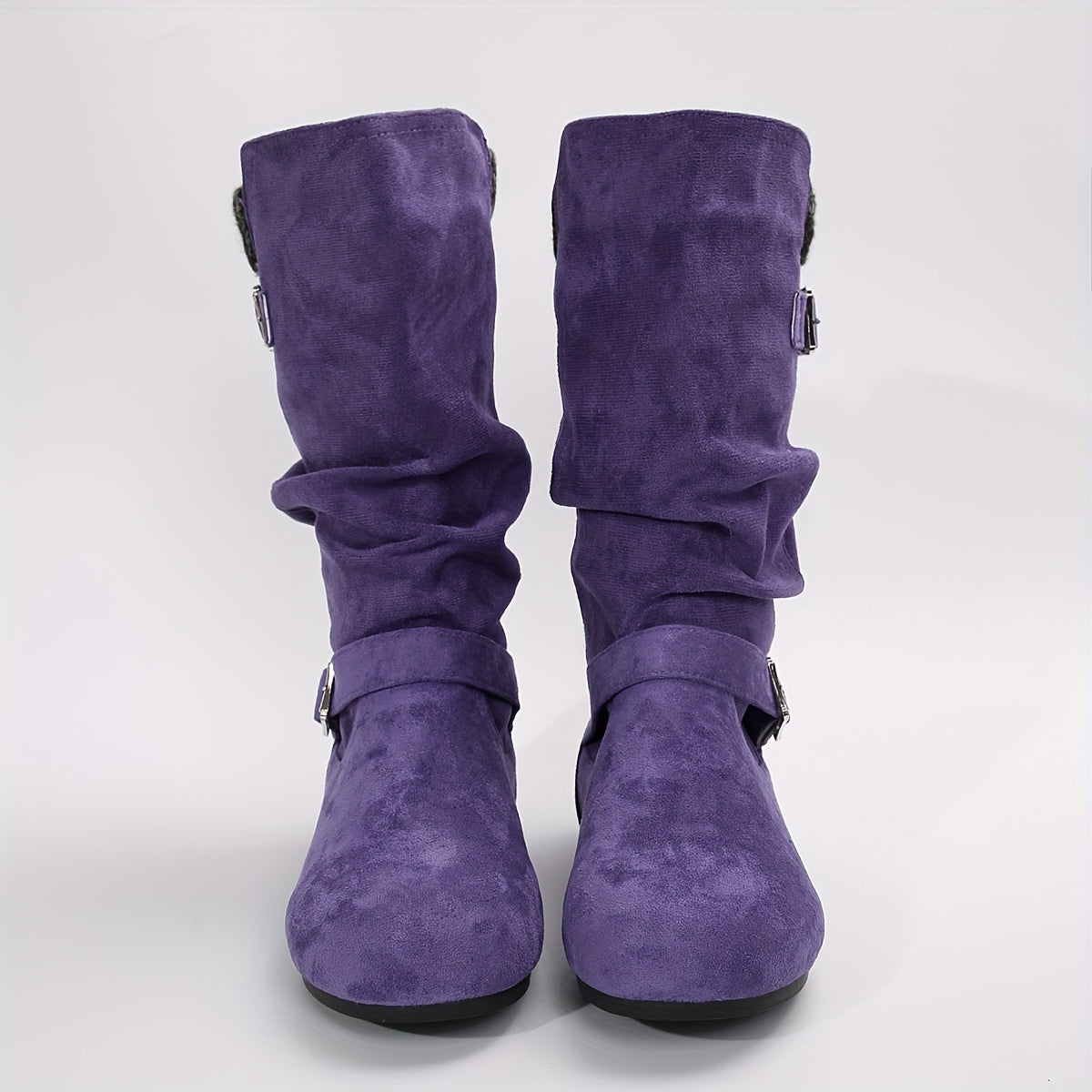 Women's Purple Slouchy Boots with Metal Buckles Flat Heel Casual Wear