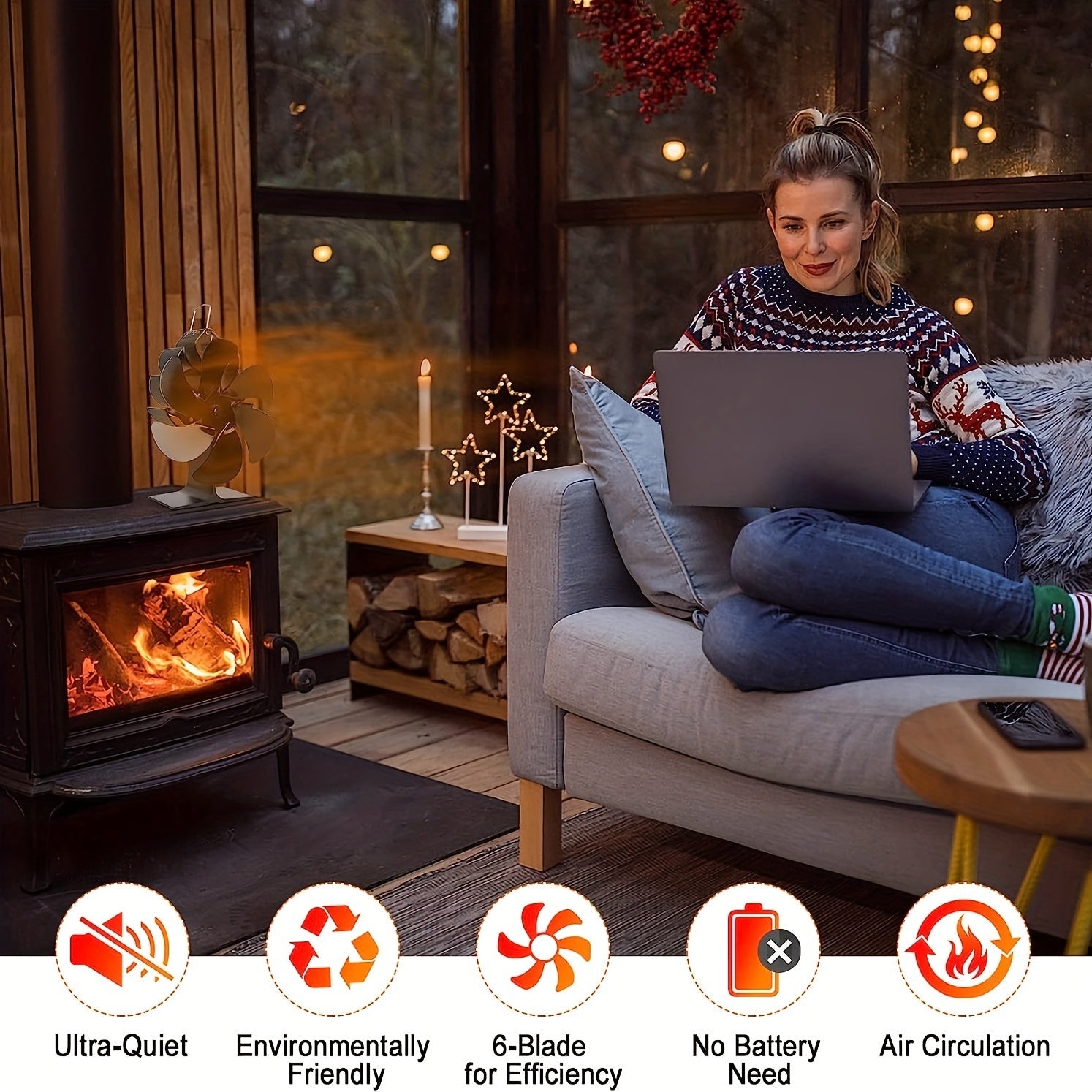 Heat Powered Wood Stove Fan with 6 Blades, Metal Construction, Ultra-Quiet