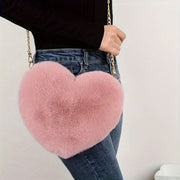 Heart-Shaped Fluffy Faux Fur Shoulder Bag Zipper Closure for Valentine's Day and Casual Use