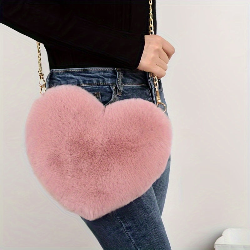 Heart-Shaped Fluffy Faux Fur Shoulder Bag Zipper Closure for Valentine's Day and Casual Use