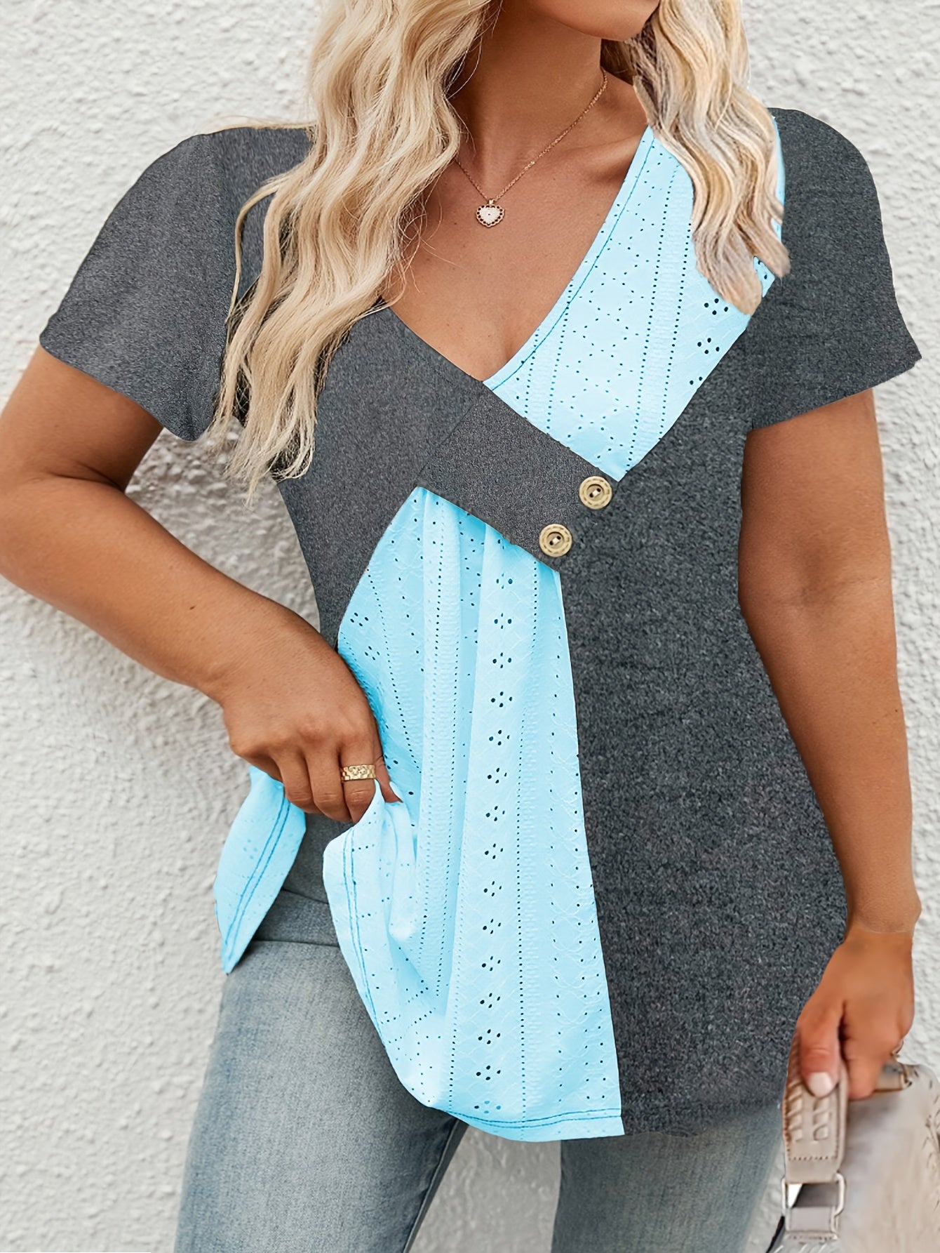 Туника с цветными блоками и V-образным вырезом для женщин, повседневное лето, полиэстеровая смесь, эластичная