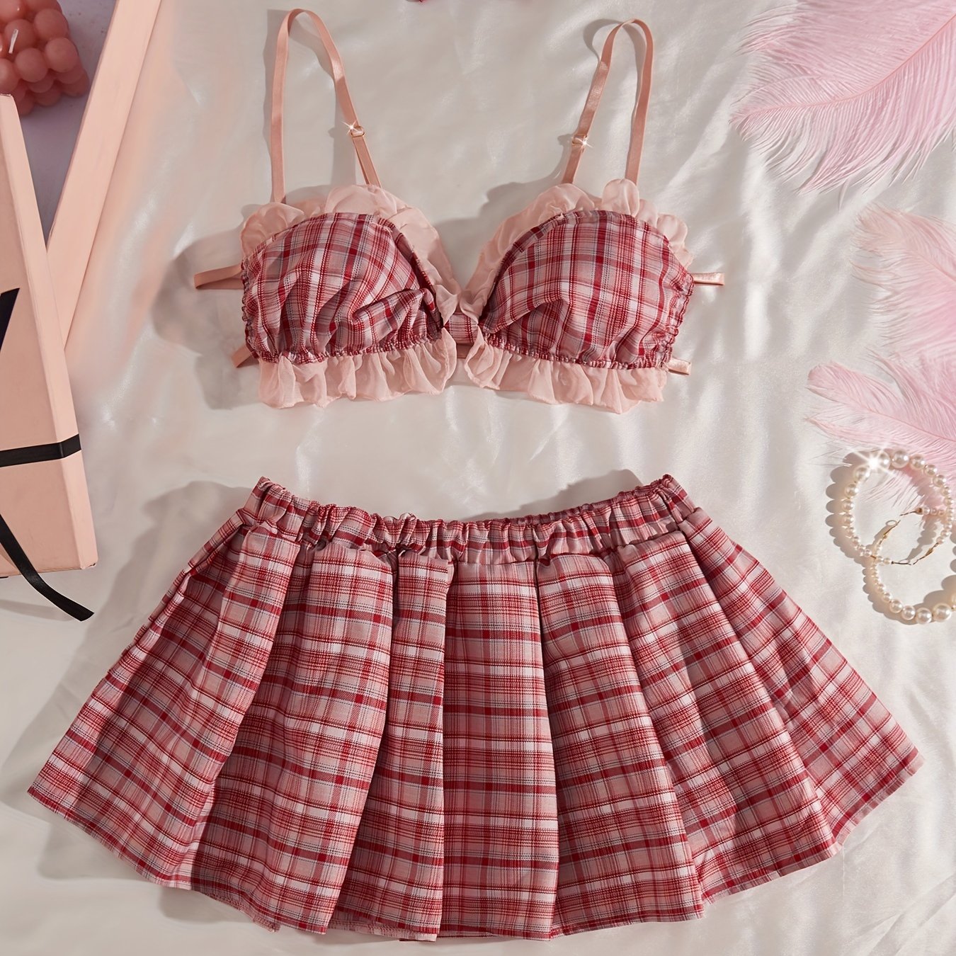 Plaid Bralette and Skirt Set with Bow Hair Clip Polyester Pleated Lingerie