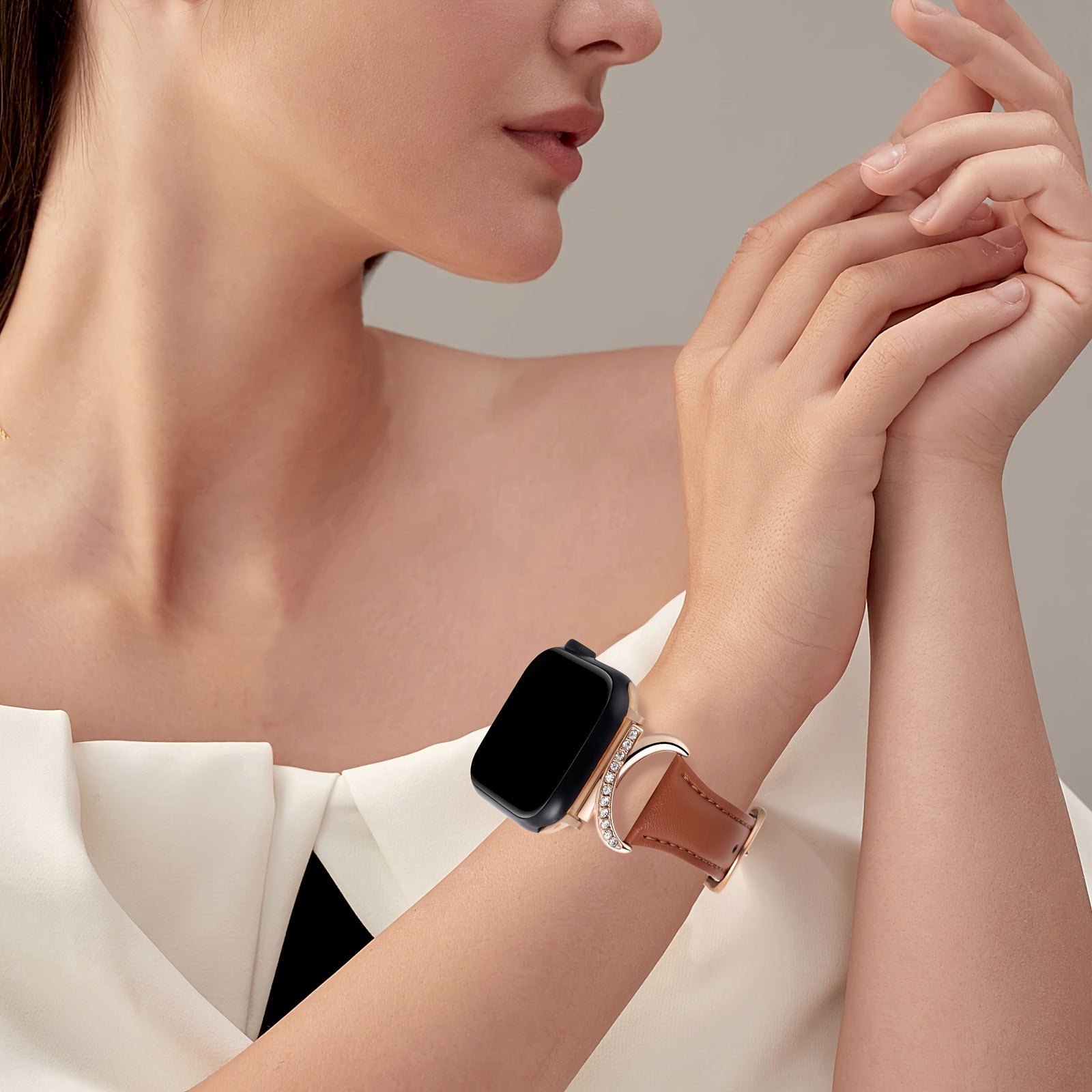 Delicate Leather Watch Strap with C-Shaped Golden Buckle for Apple Watch Series 1-10