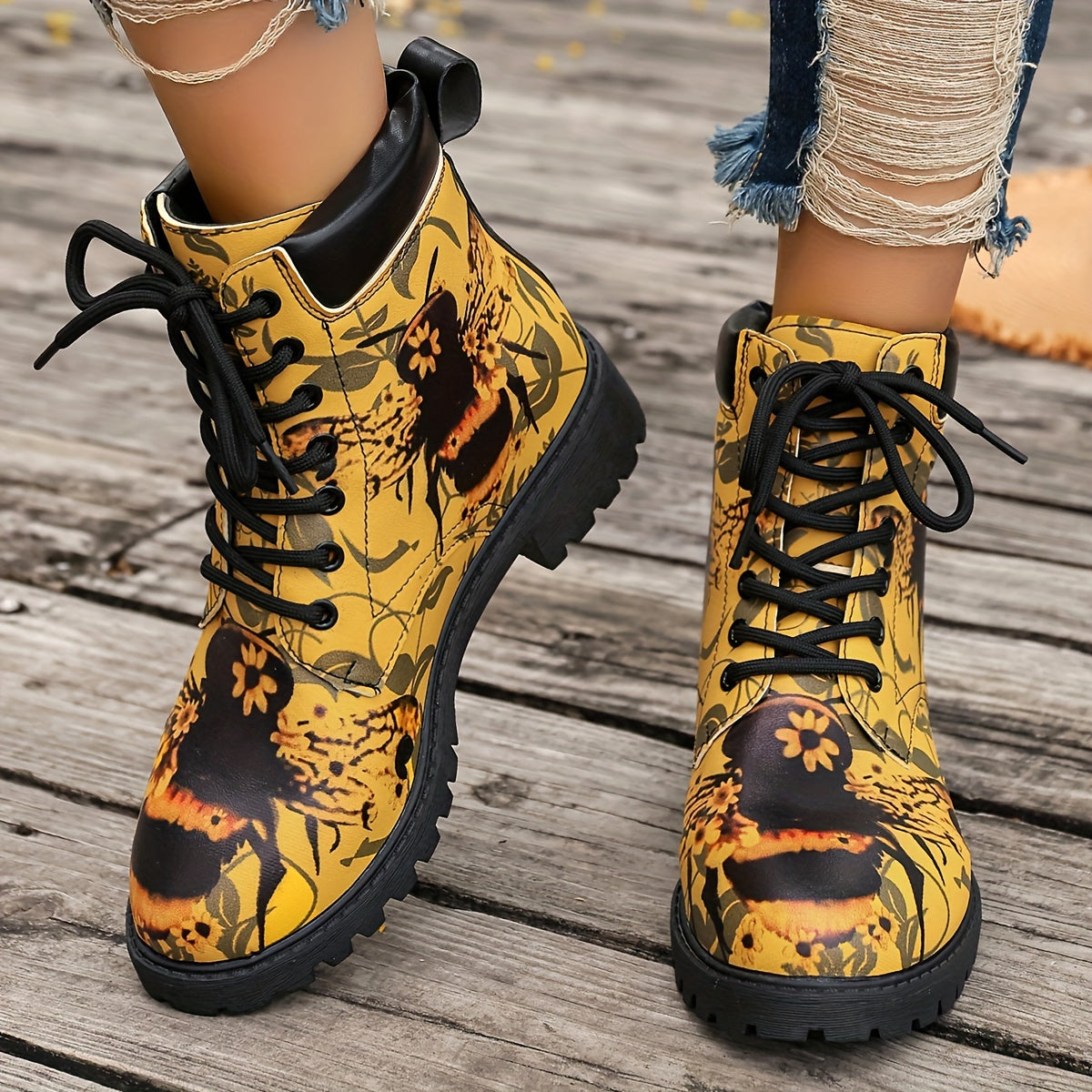 Women’s Western Ankle Boots Floral Insect Print Non-Slip Cushioned Yellow Black