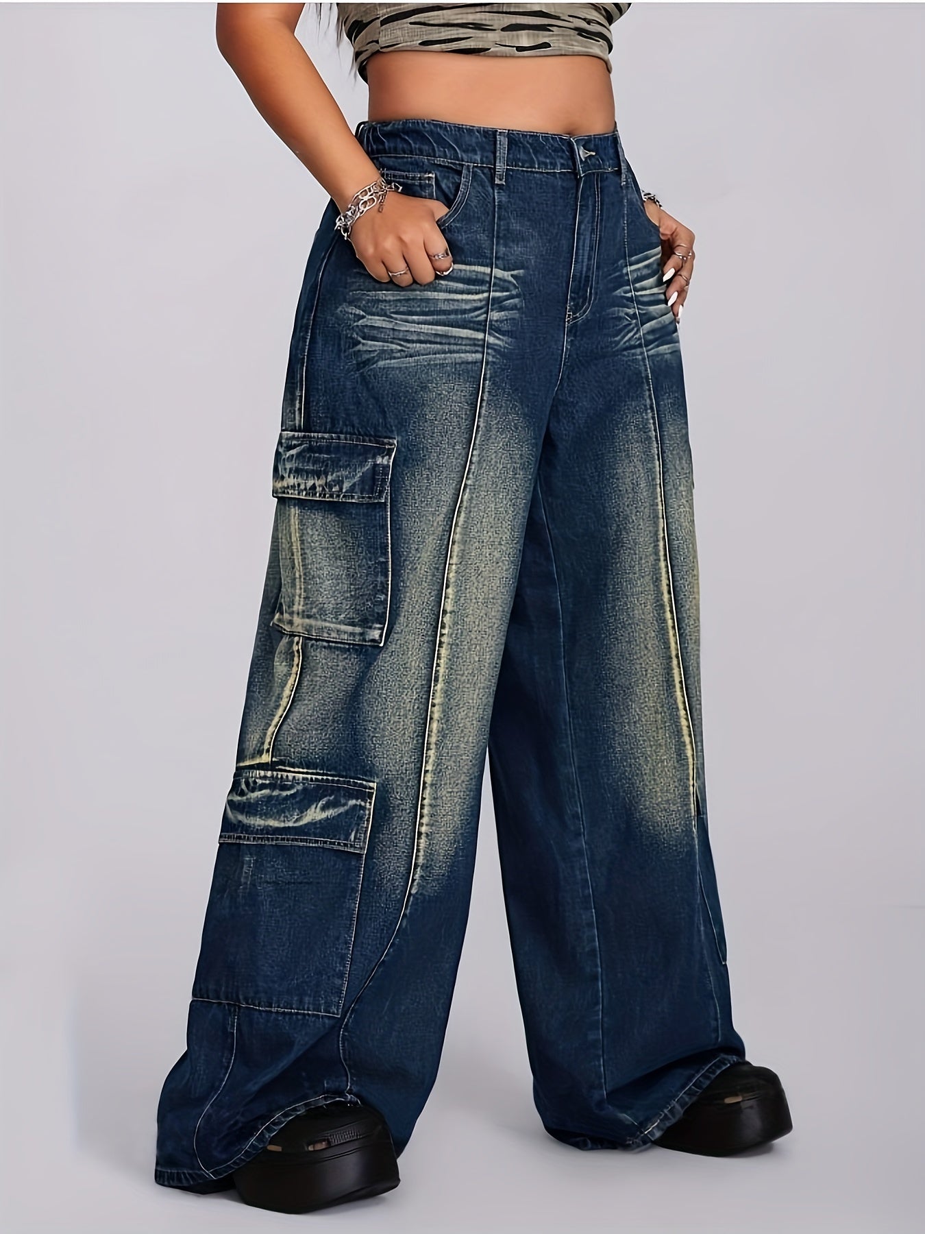 Plus Size Cargo Jeans Relaxed Fit Wide-Leg Denim Pants Casual All-Season