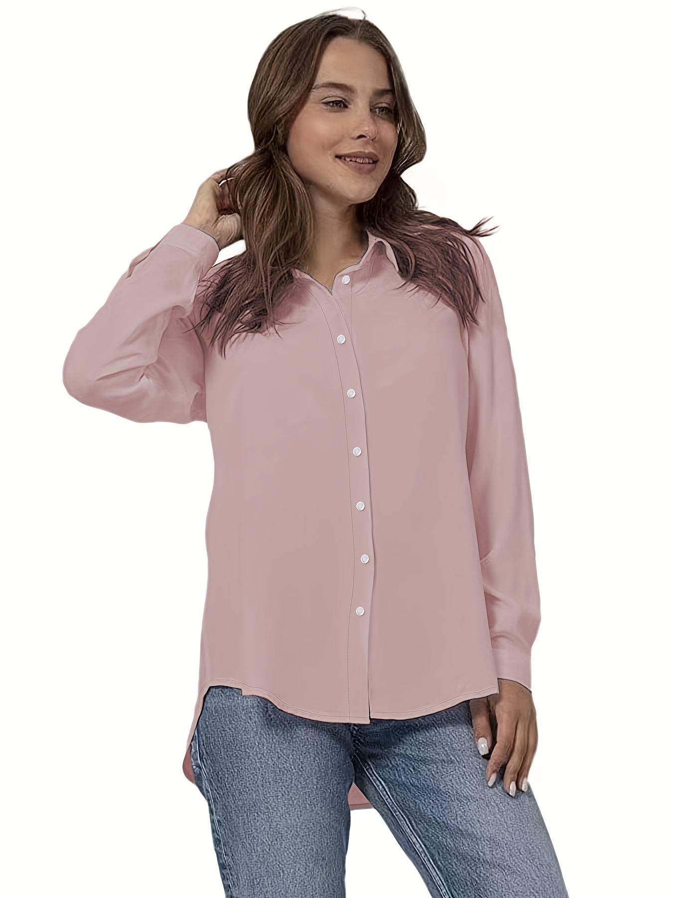 Plus Size Women's Solid Polyester Button Front Shirt with Roll-Up Sleeves for Spring and Fall