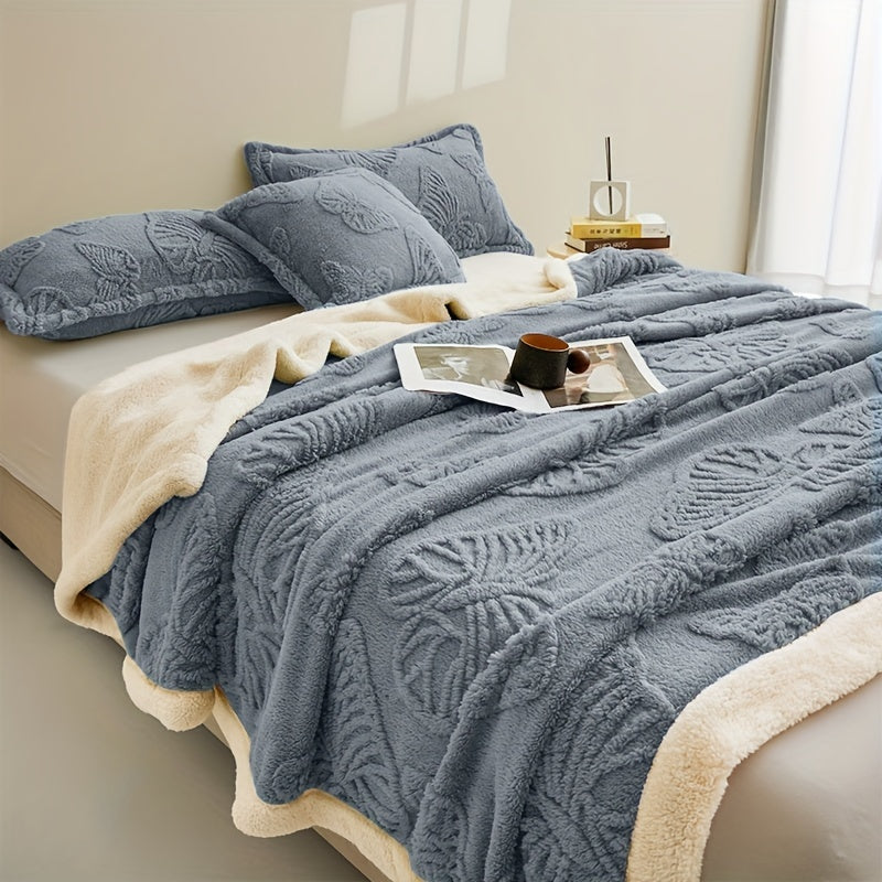 Gray Polyester Throw Blanket Double-Layered Warm Cozy for Year-Round Use
