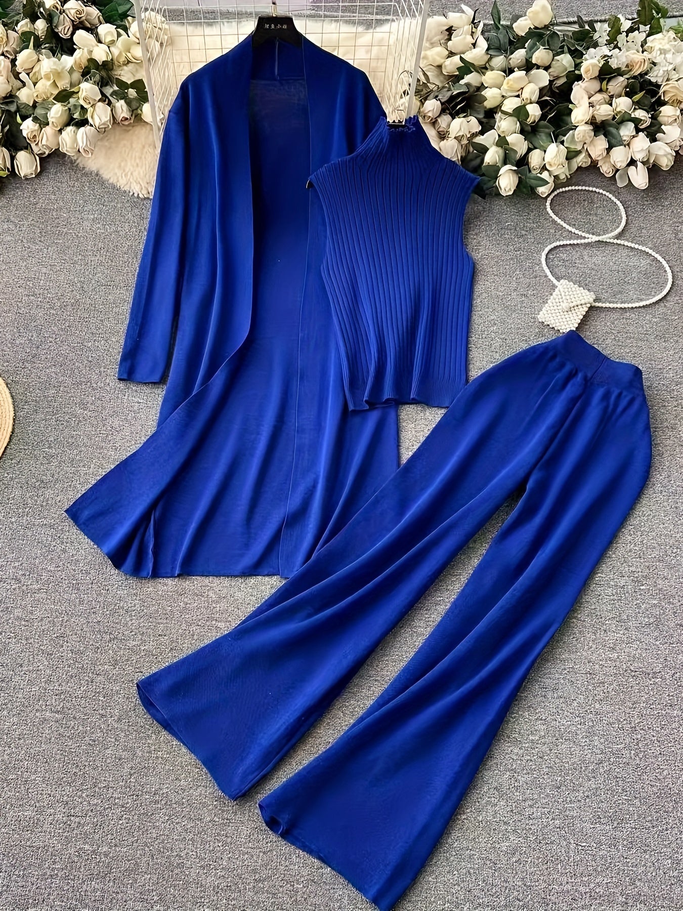 Women's Knit Set with Wide-Leg Pants Cardigan and Turtleneck Fall Winter 2024