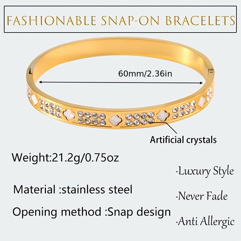 Zamonaviy zanglamas po'latdan yasalgan bangle bilaguzuk, porloq to'rt yaproqli qovoq dizayni bilan - oltin va kumush ranglarda mavjud, har kuni kiyish yoki o'ylangan sovg'a sifatida mukammal.