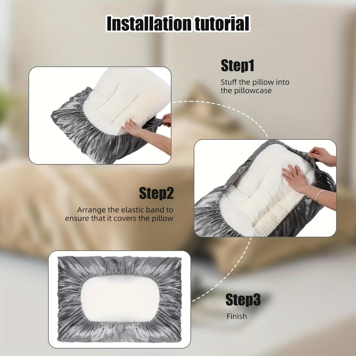 Pair of 2 Satin Elastic Pillowcases Solid Color Silky Soft Bedroom Sofa Covers