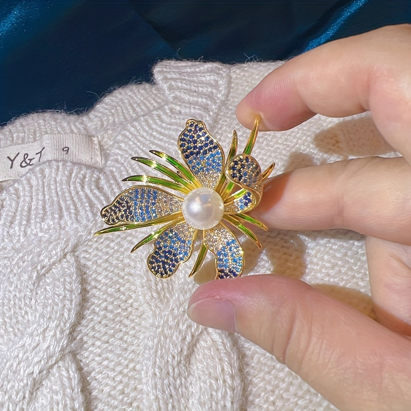 Брошь-цветок пион с искусственным жемчугом и стразами для женщин