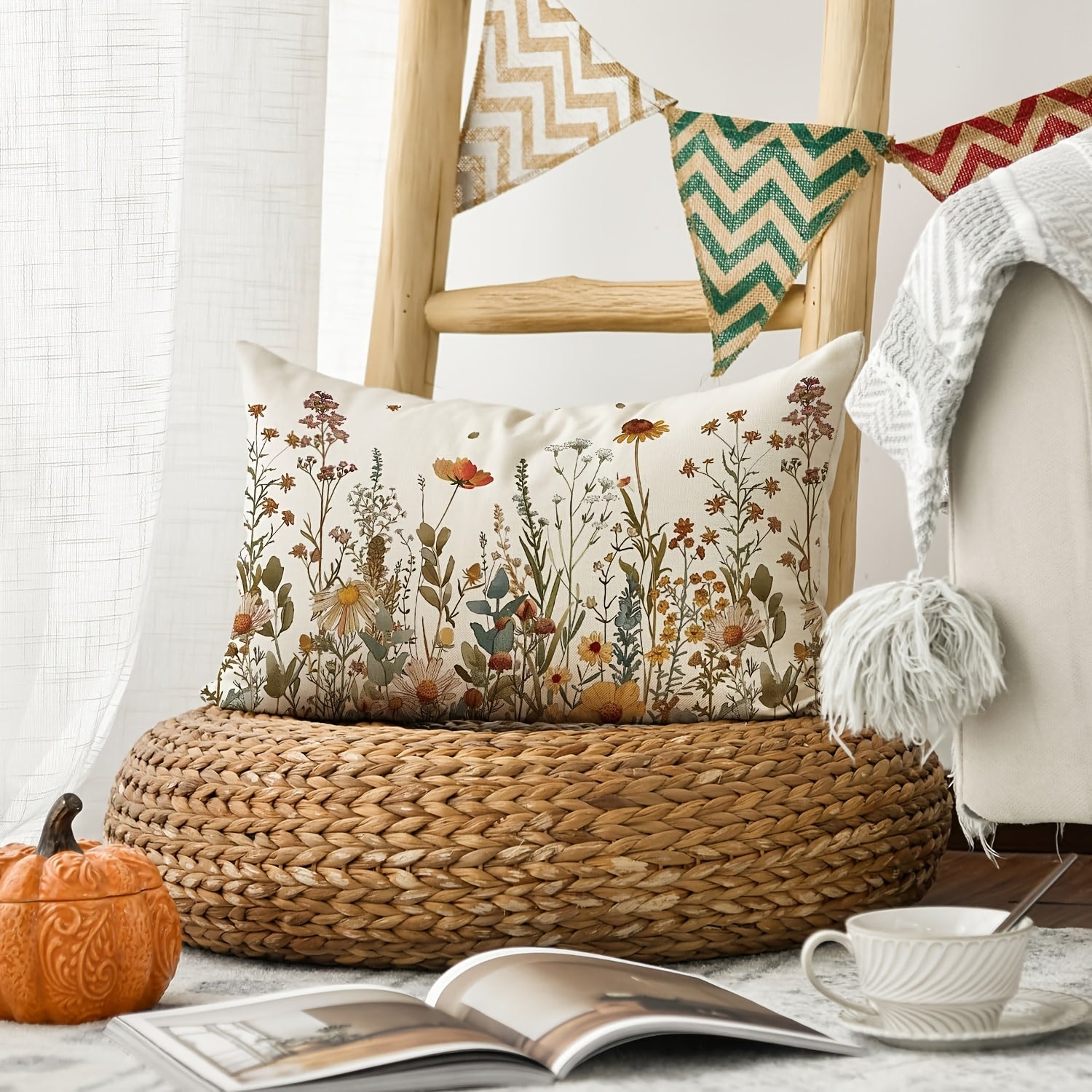 Linen Cushion Cover Floral Throw Pillow Case for Sofa Home Decor 12x20 Inches