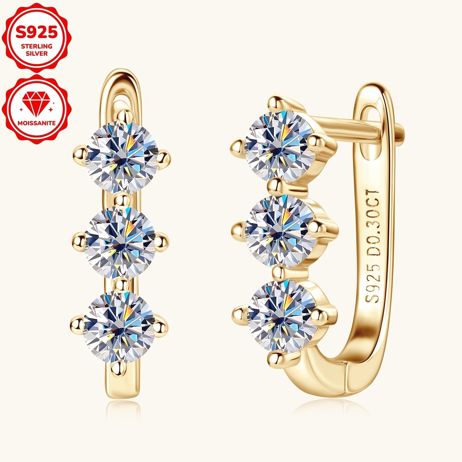 Sterling Silver Women's Hoop Earrings with Moissanite Stones 3mm 0.3ct