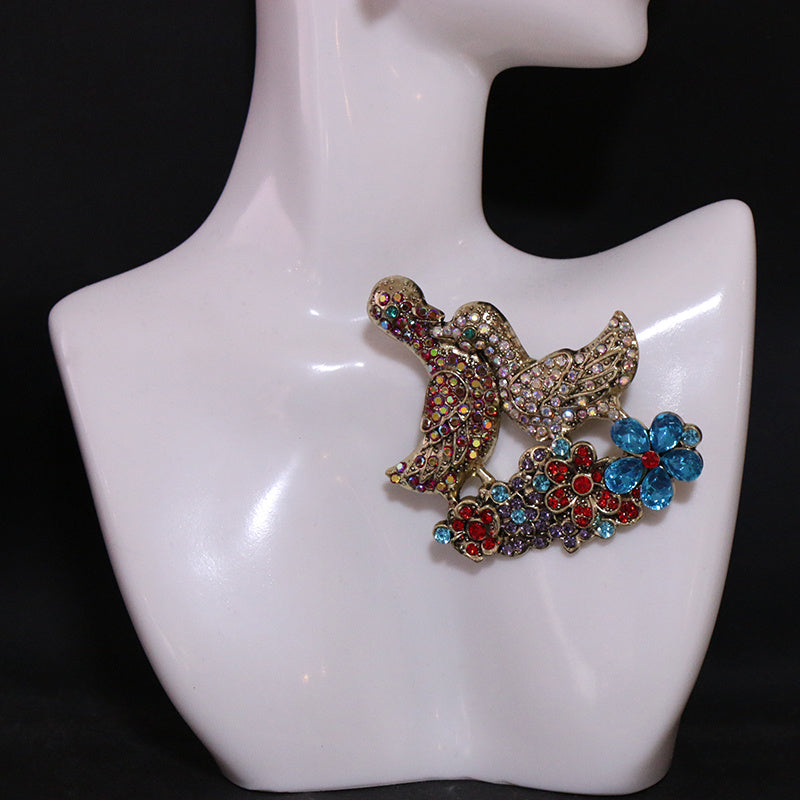 Elegant Enamel Brooch with Mandarin Ducks in Baroque Style Irregular Shape