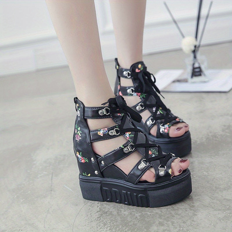 Women's High Heeled Sandals with Thick Sole and Fish Mouth Design Leather Style Open Toe Strappy Zipper