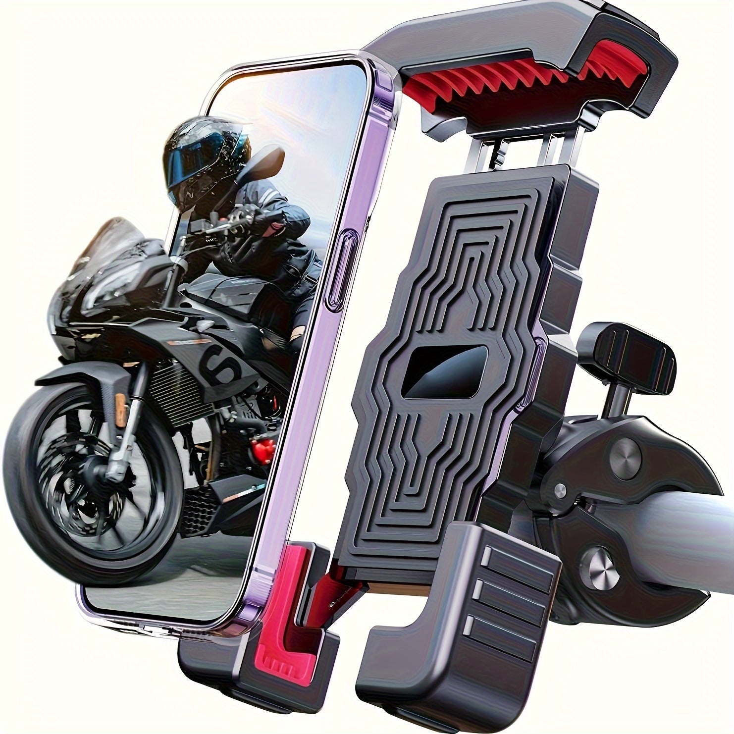 Universal ABS Motorcycle Phone Holder – Adjustable, Secure Grip, Red Accents