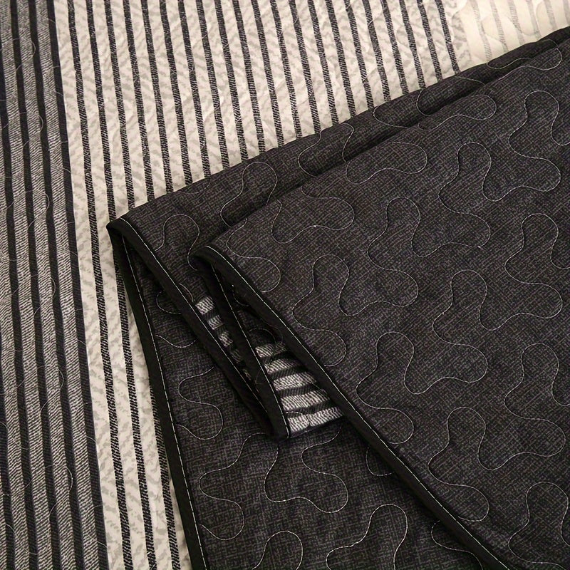 3-Piece Brushed Bedspread Set in Black Grey White Stripes with Pillowcases for Bedroom and Guest Room