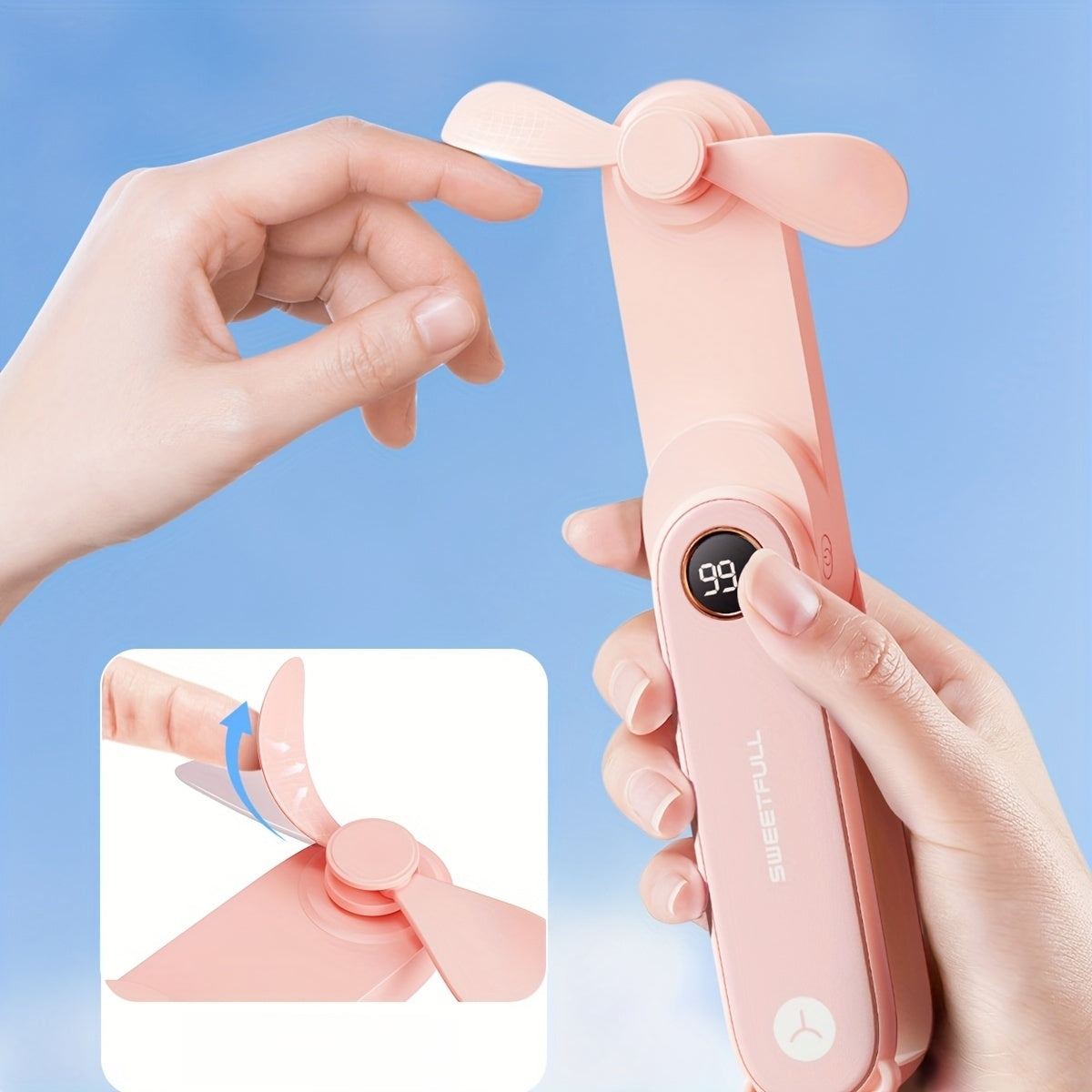 Mini Handheld USB Rechargeable Fan with LED Display and Flashlight, Portable Foldable Personal Fan