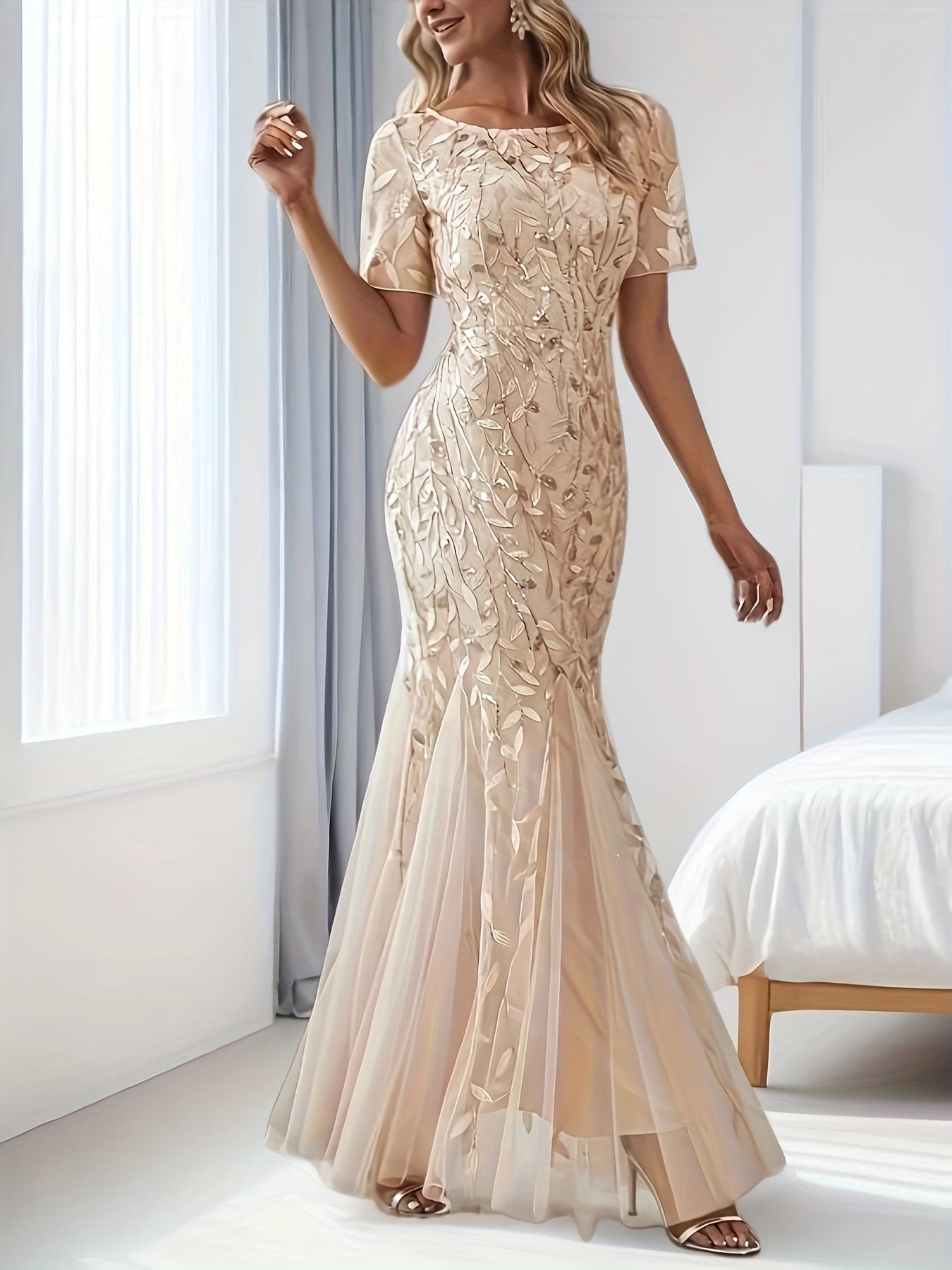 Plus o'lchamli siren kechki kiyimi uzun qo'lqopli, polga cho'zilgan, bir rangli partiya kiyimi