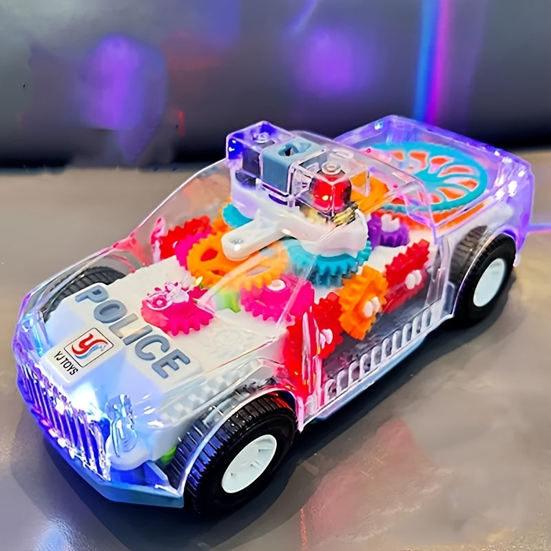 Juguete de coche eléctrico para niños con luces, música, engranaje transparente, diseño de policía