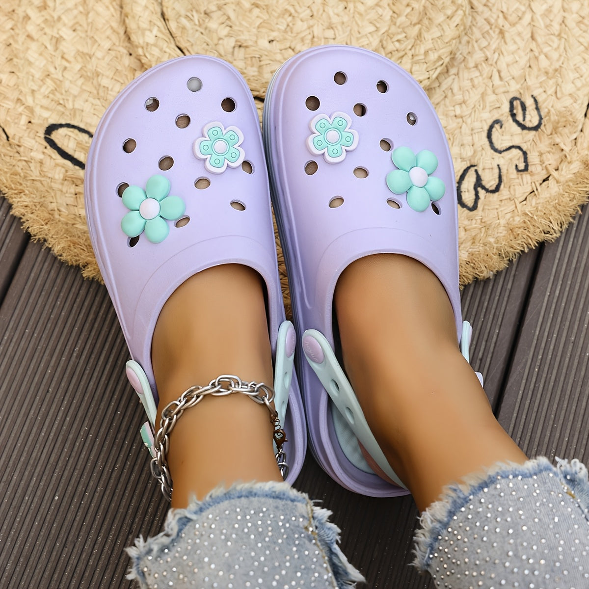 Женские EVA слепоны для сада с цветочным декором бело-розовые