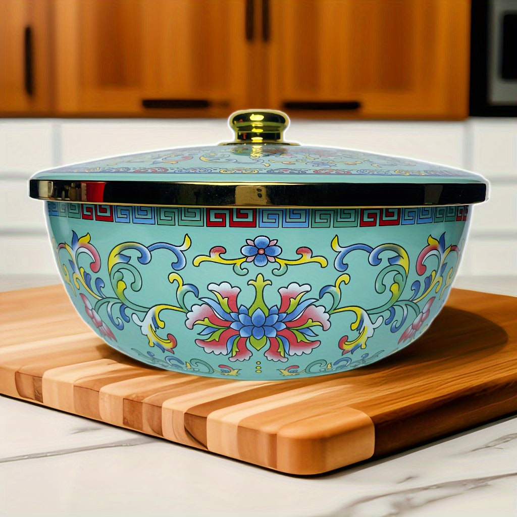 Enamel Mixing Bowl with Lid, Large Salad Basin for Kitchen and Dining