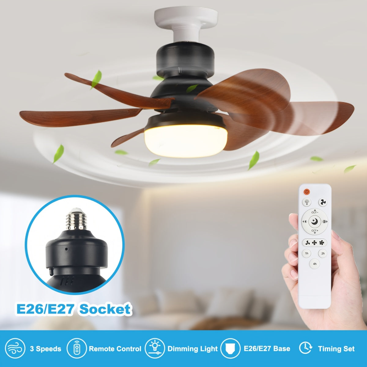 Indoor Ceiling Fan with LED Light and Detachable Blades E26 Socket Adjustable Wind Speed Timer Night Light