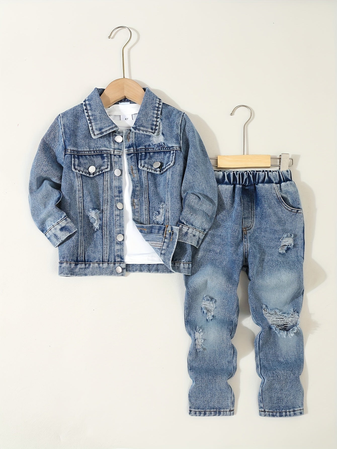 Kids' Denim Outfit Set Boy Long Sleeve T-Shirt Ripped Jeans Autumn Winter Casual