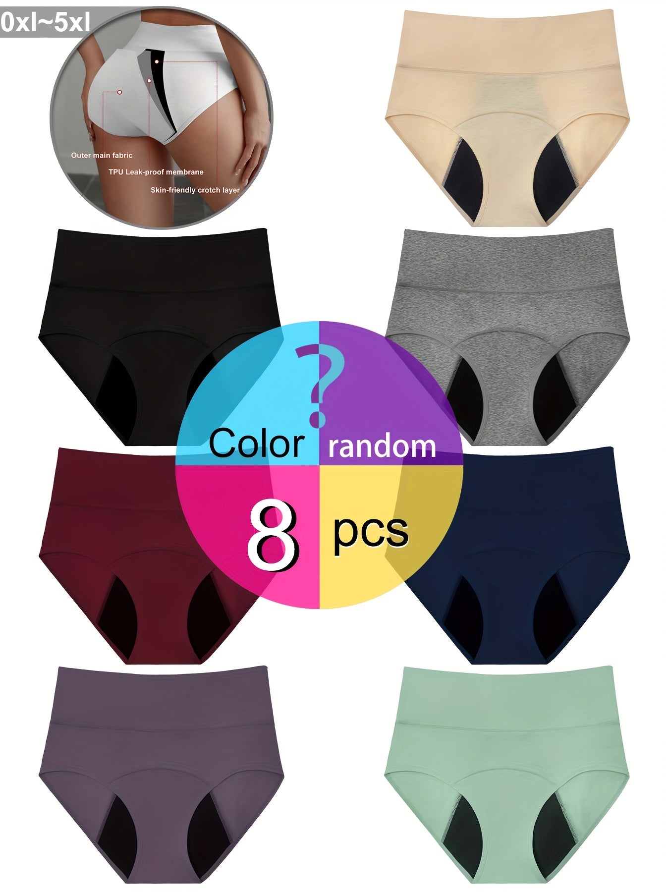 Women's Plus Size Leak-Proof Period Underwear Briefs 8 Pack Breathable