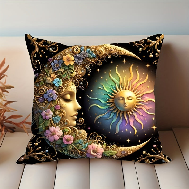 Celestial Sun and Moon Decorative Pillow Cover 44.96x44.96 cm Polyester Knit Washable