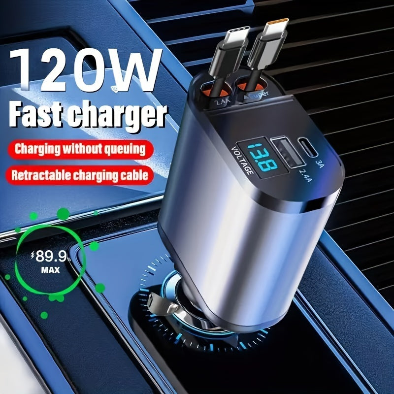 120W Fast Retractable Type C Car Charger with Dual Cables and USB Port