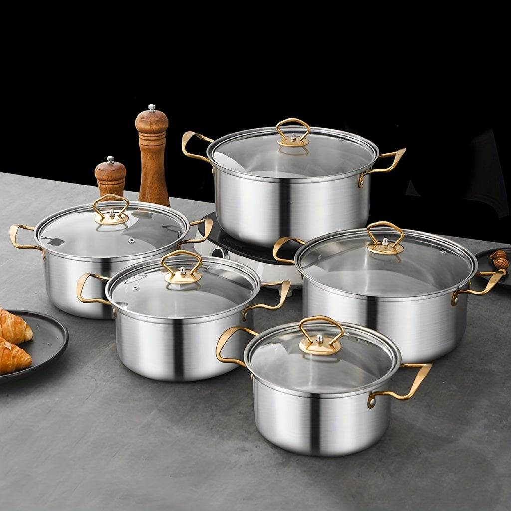 10-Piece Stainless Steel Cookware Set with Glass Lids Double Handles Golden Finish