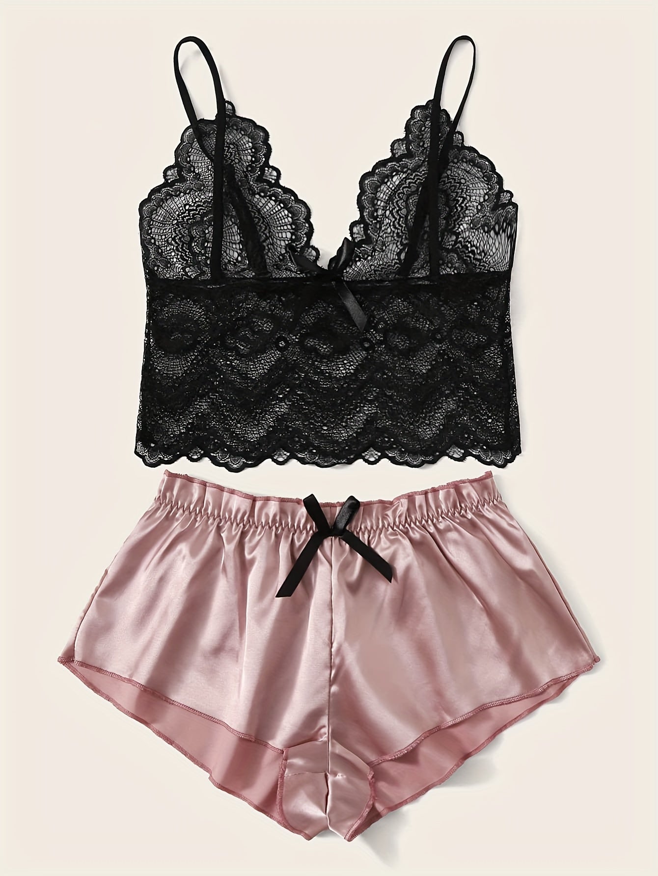 Women's Large Size Satin Pajama Set with Lace Details