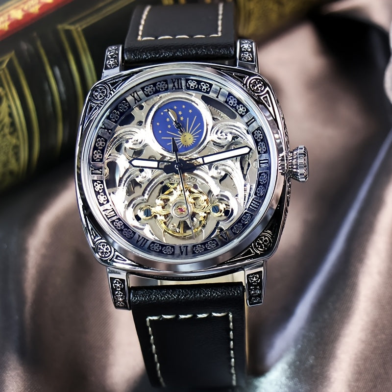 Men's Silver Retro Hollow-Out Automatic Mechanical Watch Business Style