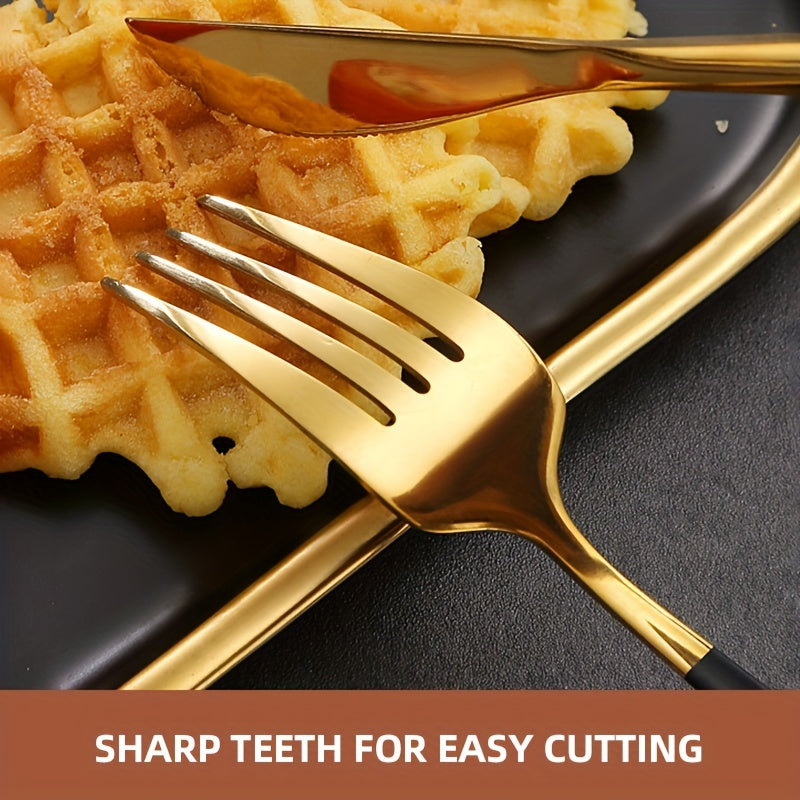 Qora va oltin qoplamali, silliq zanglamas po'latdan yasalgan idish-to'plam, uy, oshxona yoki restoran uchun pichoq, vilkalar va qoshiqni o'z ichiga oladi. Maxsus tadbirlar, masalan, Rojdestvo uchun mukammal, mustahkam va zamonaviy stol anjomlari.