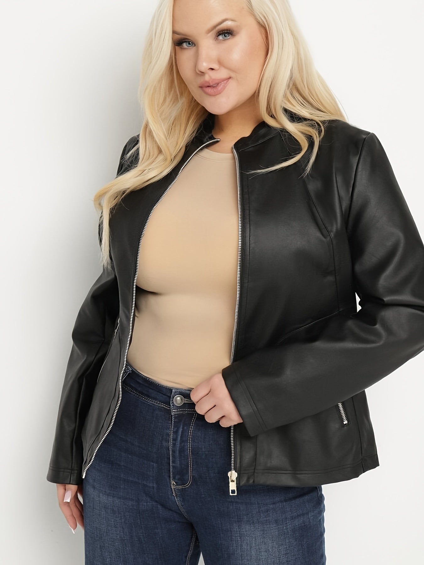 Women's Plus Size Jacket with Zipper Front and Belt Long Sleeve Casual Motorcycle Coat