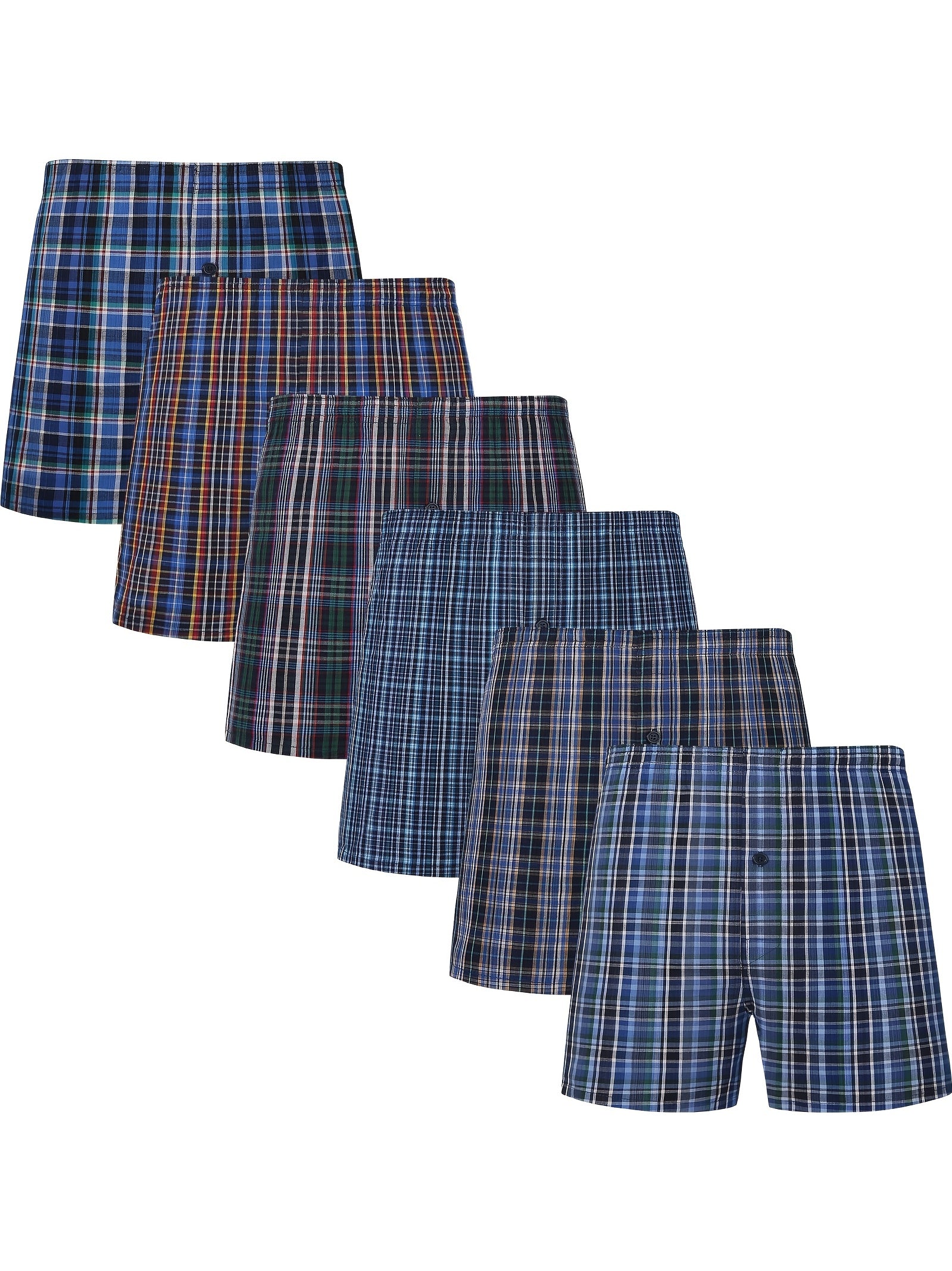 Men's Cotton Boxer Shorts Set 6 Pack Plaid Elastic Waistband Button Closure