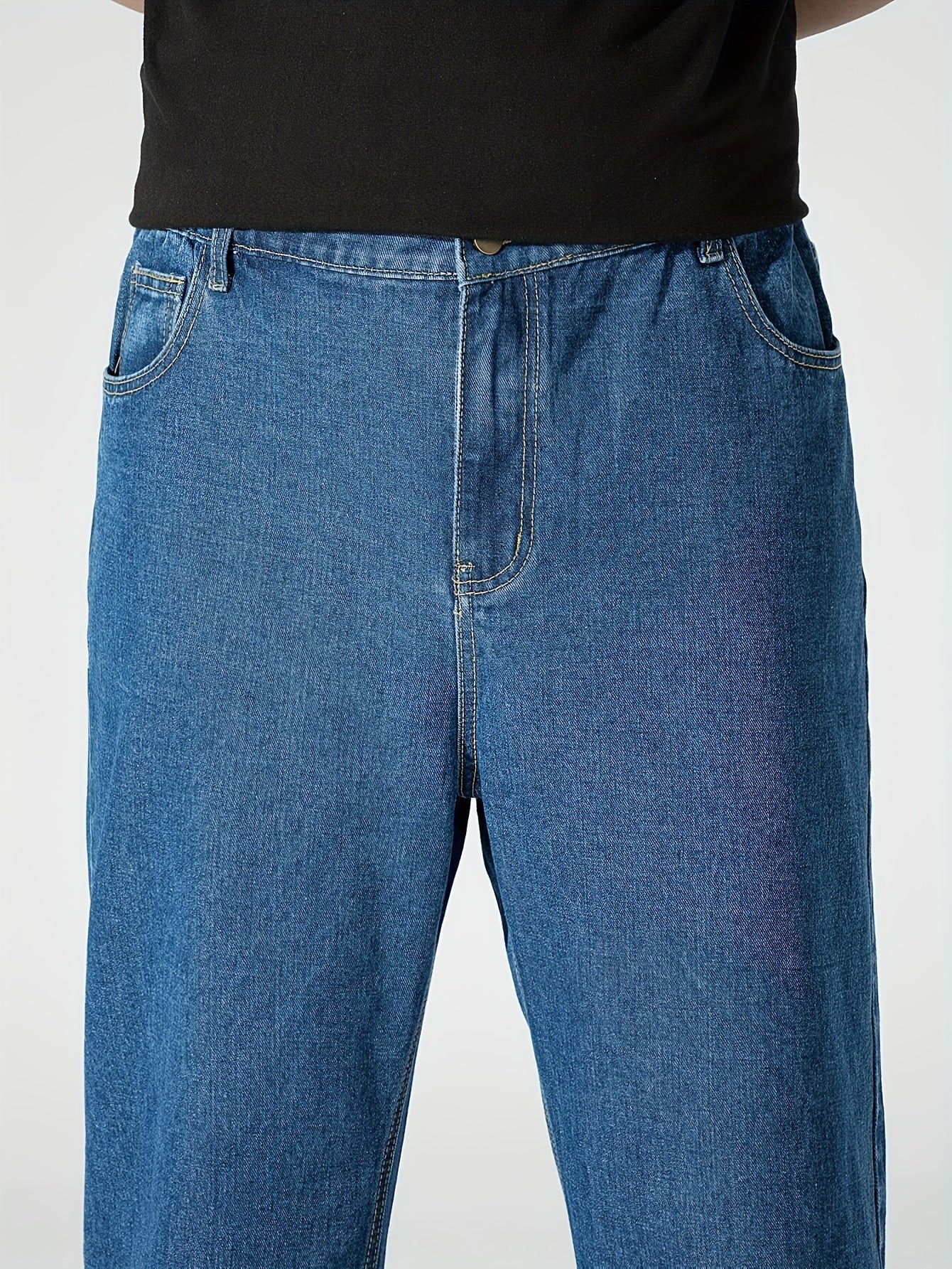 Men's Plus Size Elastic Waist Denim Jeans with Pockets Casual Woven Cotton Trousers